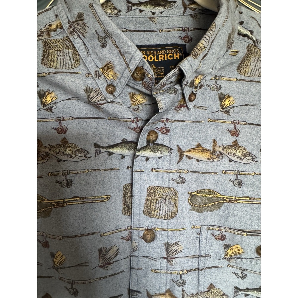 WOOLRICH John Rich Bros Men's Large Denim Fly Fishing Lure Button Up Camp Shirt‎ - Picture 5 of 11